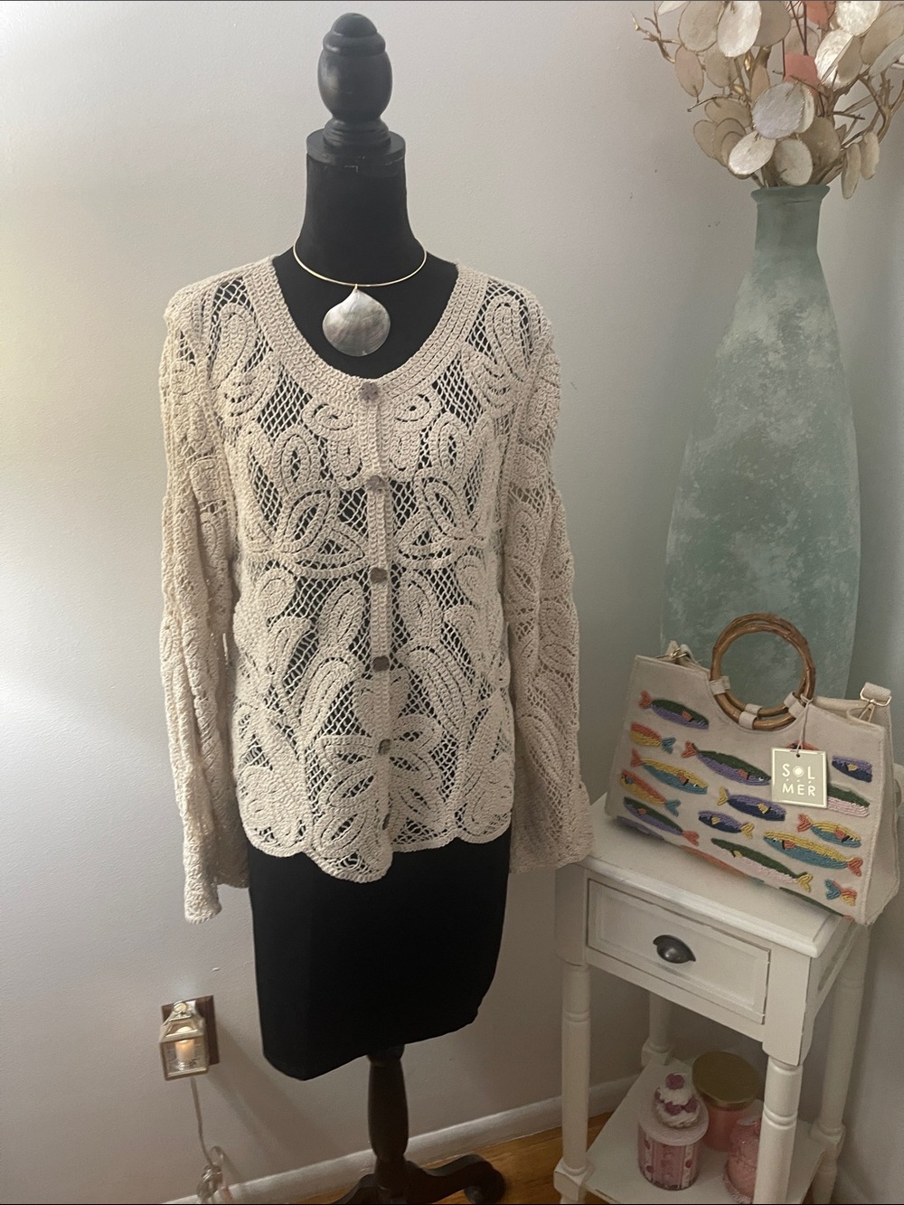 Cream Open-Knit V-Neck Women’s Sweater Cardigan